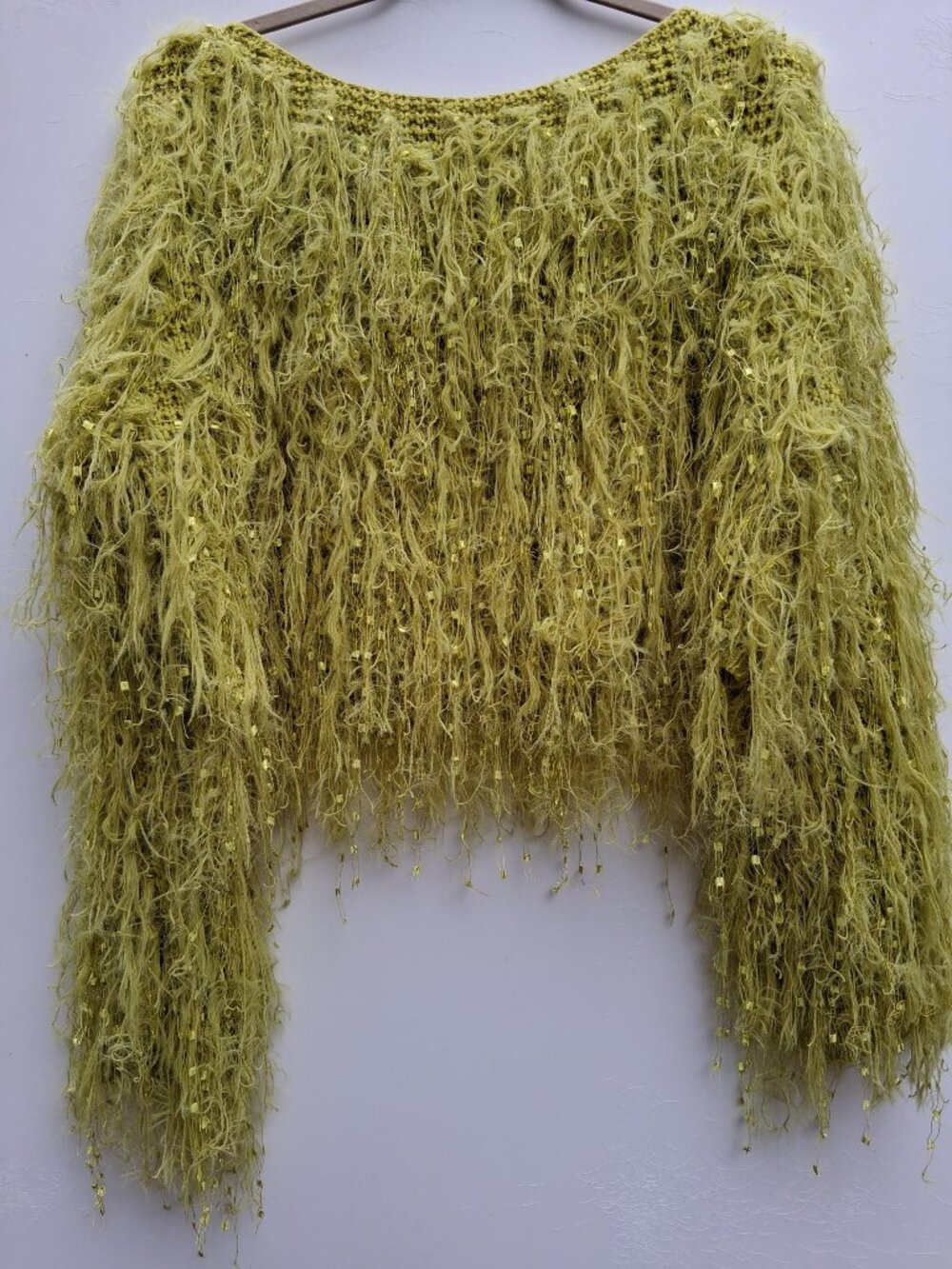Shaggy acrylic cropped sweater, yellow (unisex and one size fits all)